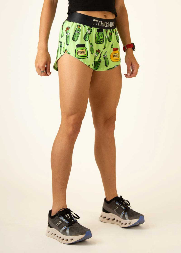 Right side view of the women's pickles 1.5 inch running shorts.