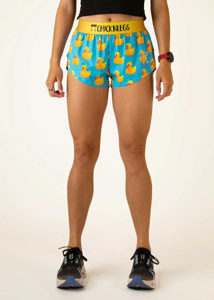 Front view of the women's rubber ducky 1.5 inch split running shorts from ChicknLegs.