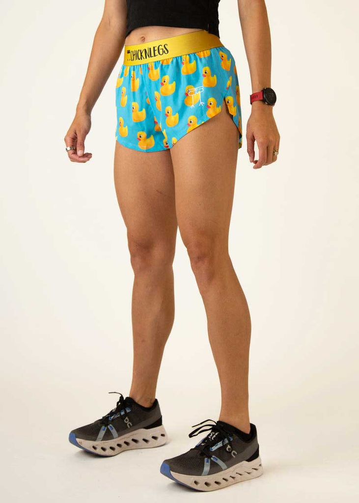 Left side view of the women's rubber ducky  1.5 inch running shorts.