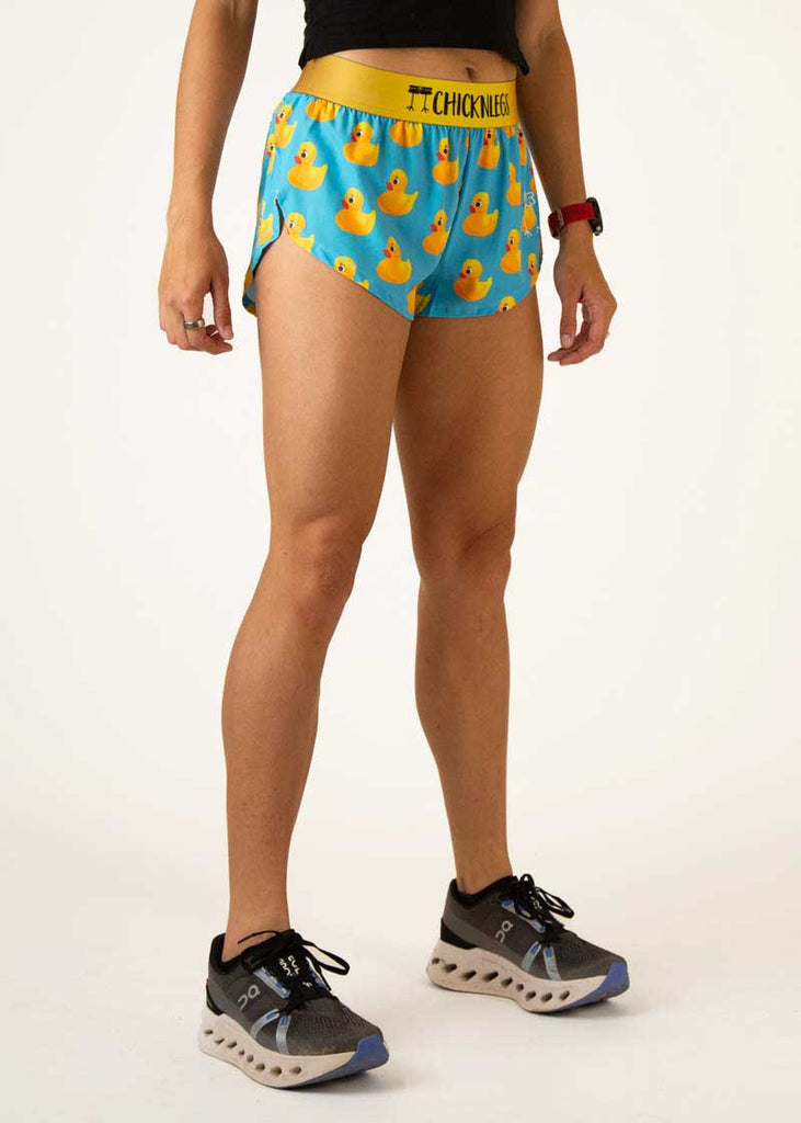 Right side view of the women's rubber ducky 1.5 inch running shorts.