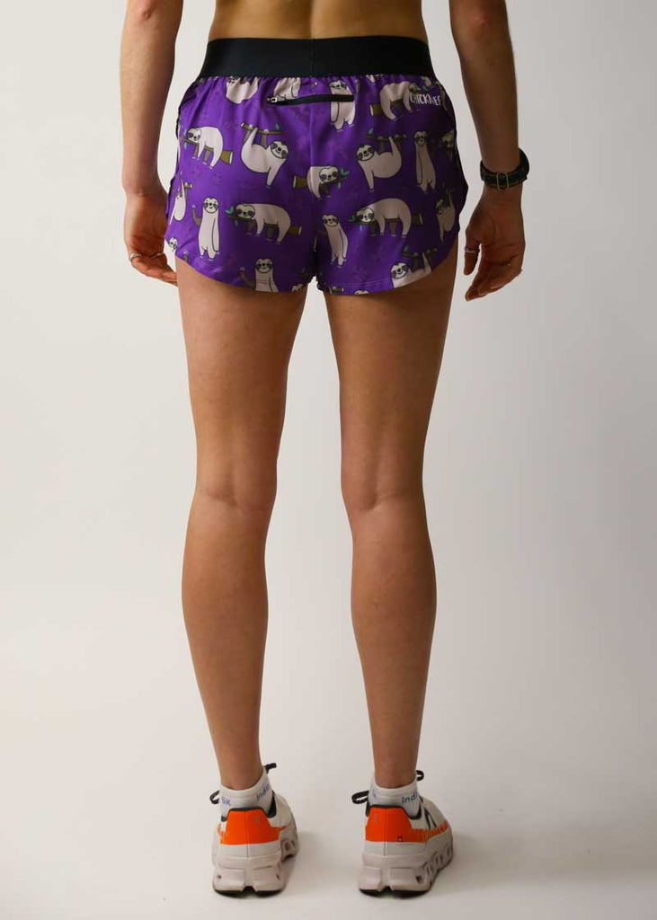 Rear view of the women's sloth split running shorts with zipper pocket.