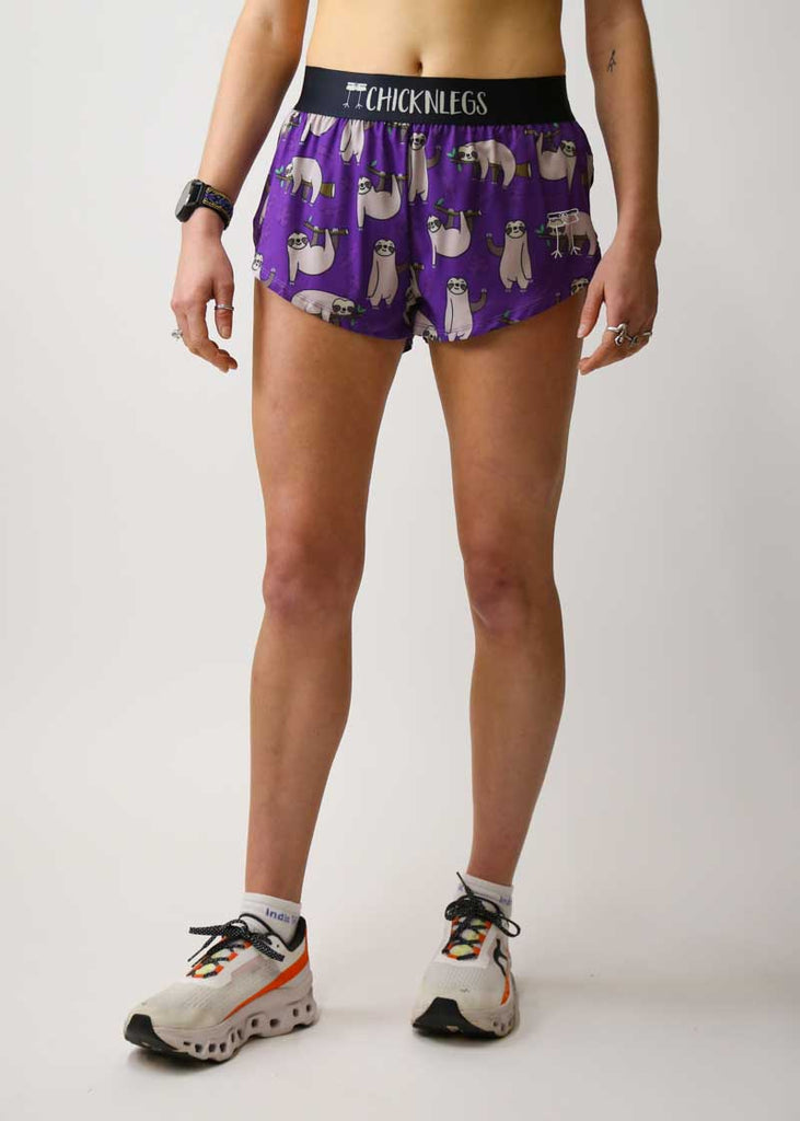 Front view of the women's purple sloth running shorts by ChicknLegs.