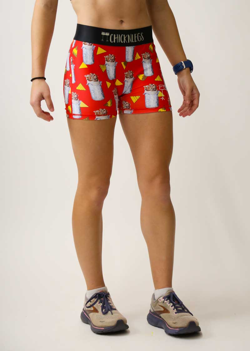 Side view of the women's burrito compression spandex running shorts from ChicknLegs.