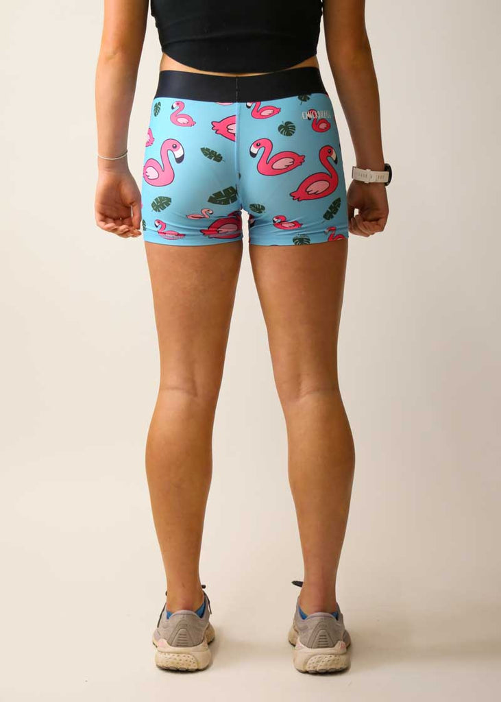 Back view of the women's 3 inch blue flamingo compression shorts.