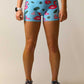 Front view of the women's 3 inch blue flamingo compression shorts.