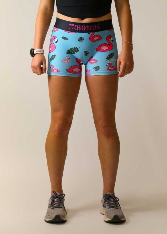 Front view of the women's 3 inch blue flamingo compression shorts.