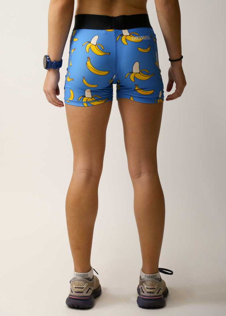 Rear view of the women's blue bananas 3 inch compression shorts by ChicknLegs.