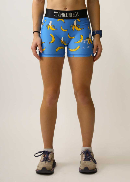 Front view of the women's blue bananas 3 inch compression shorts.