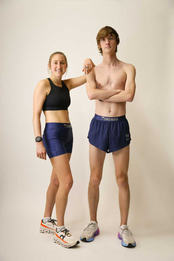 Men's and women's navy blue running shorts from ChicknLegs.
