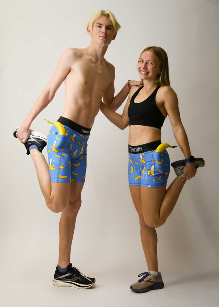 Runners wearing the blue bananas compression shorts with bananas in the phone pockets.