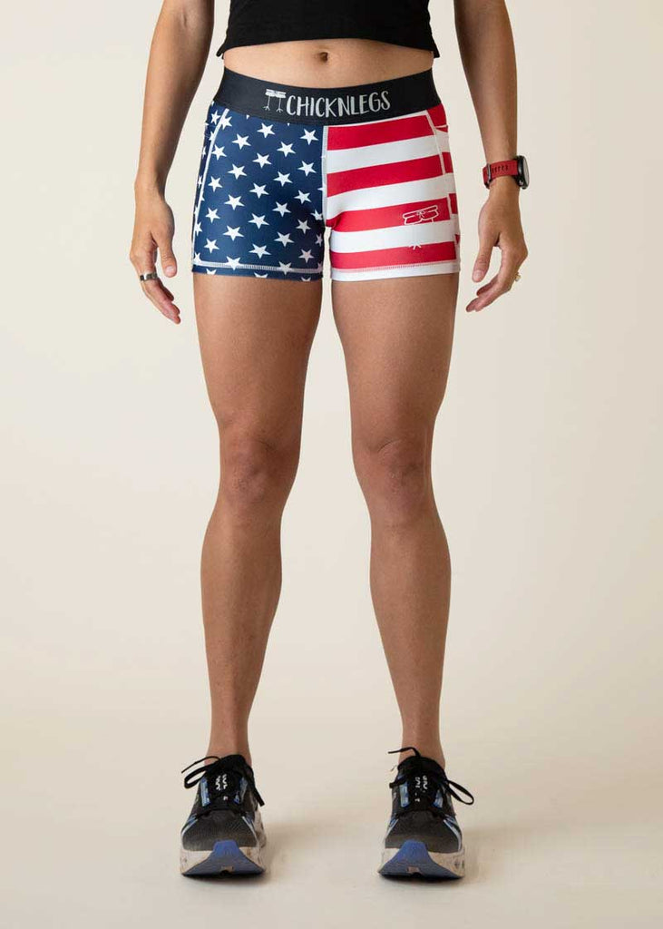 Front view of the women's 3 inch USA compression running shorts from ChicknLegs.