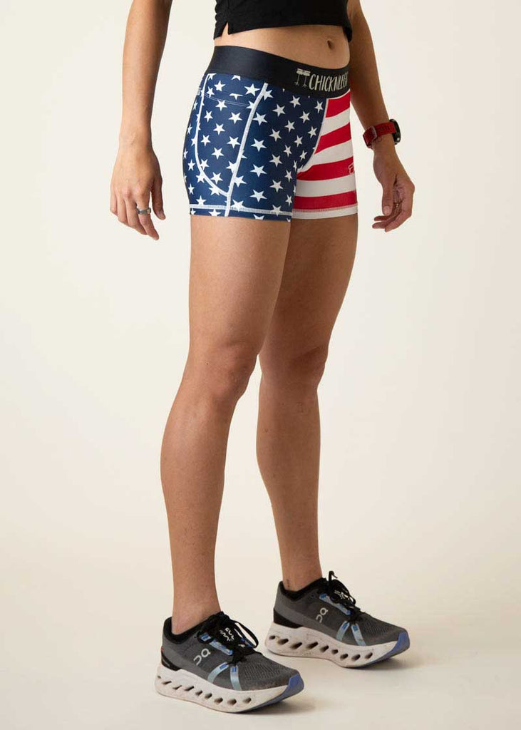 Right side view of the women's 3 inch USA compression running shorts from ChicknLegs.