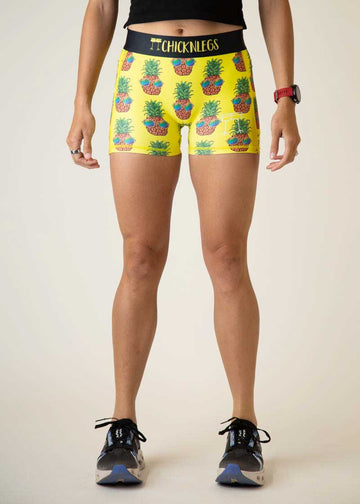 Front view of the women's 3 inch pineapple express compression running shorts from ChicknLegs.
