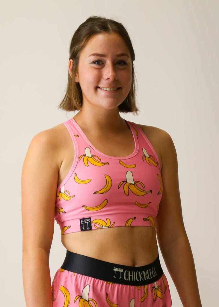 Side view of the pink bananas OG sports bra from ChicknLegs.