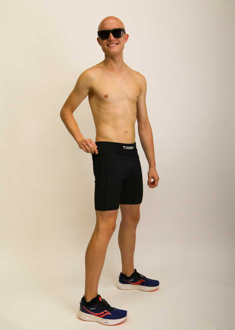 Runner wearing shades and 8 inch half tights.