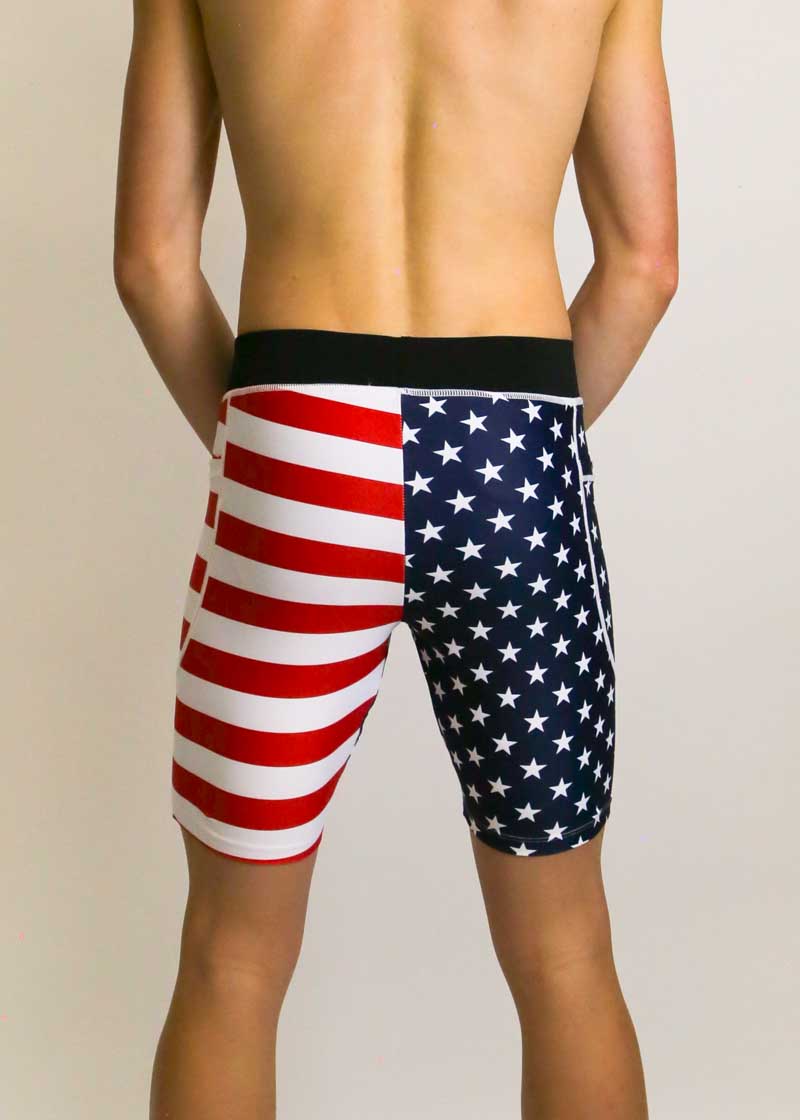 Back view of the men's 8 inch USA half tights from ChicknLegs.