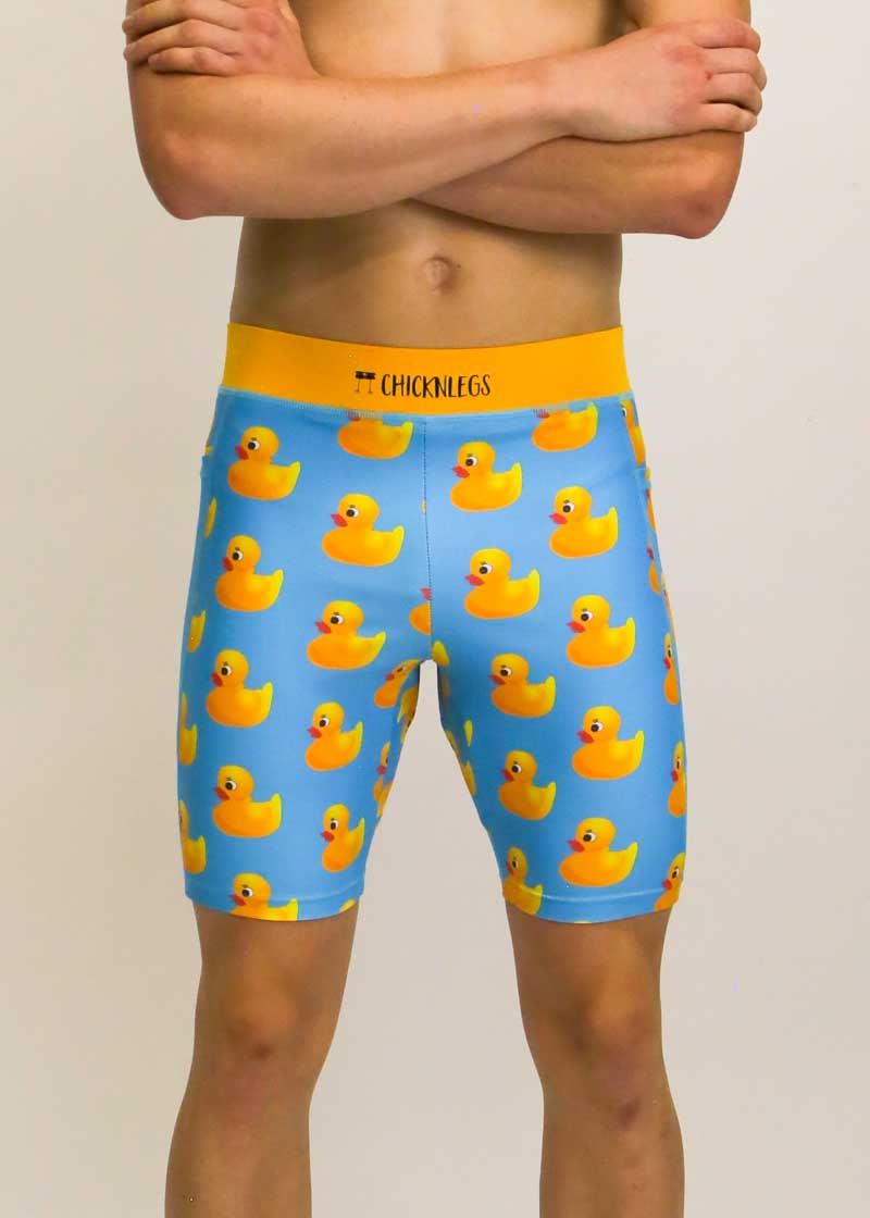 Front closeup view of the men's 8 inch rubber ducky half tights from ChicknLegs.
