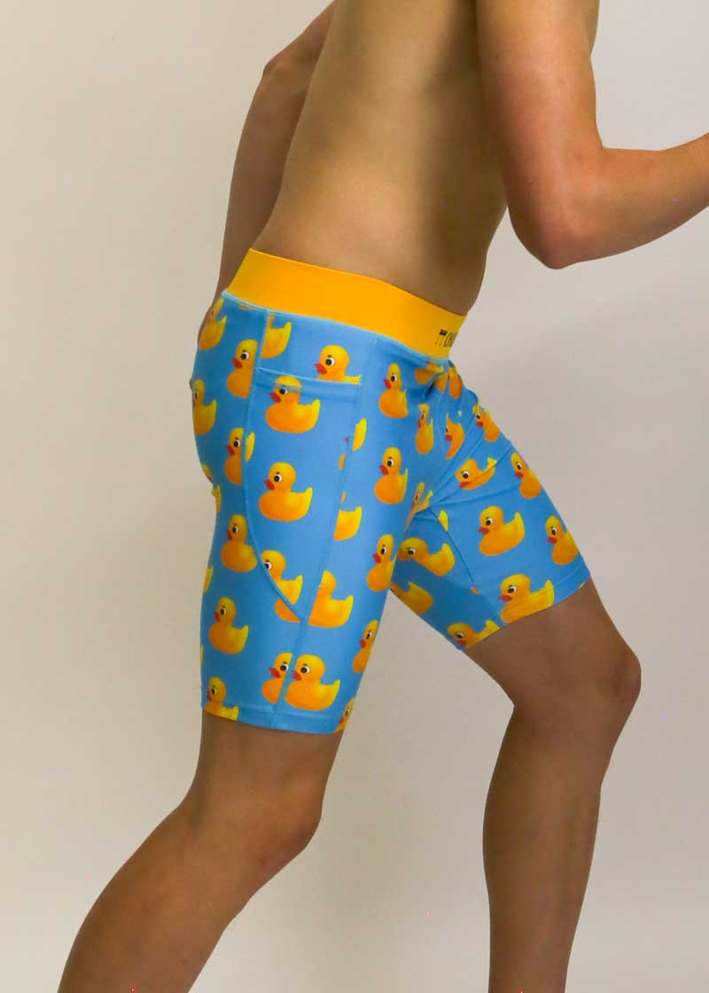 Side view of the men's 8 inch rubber ducky half tights with side pockets.