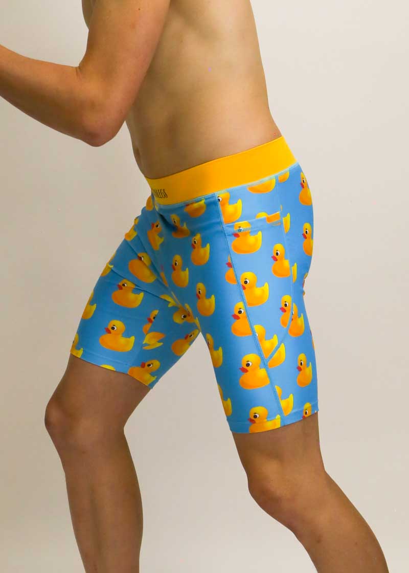 Side view of the rubber ducky half tights with 2 side pockets.
