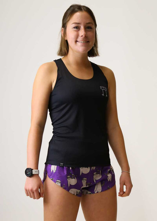 Front view of the women's black performance running singlet from ChicknLegs.