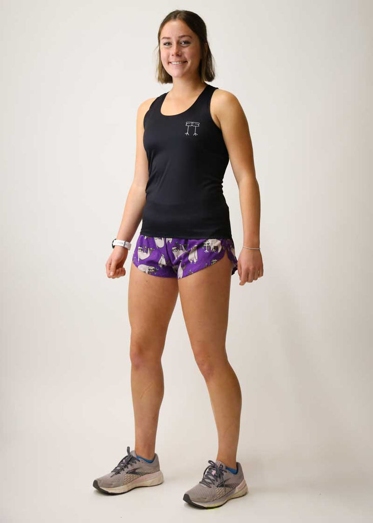 Side view of the ChicknLegs black performance running singlet.
