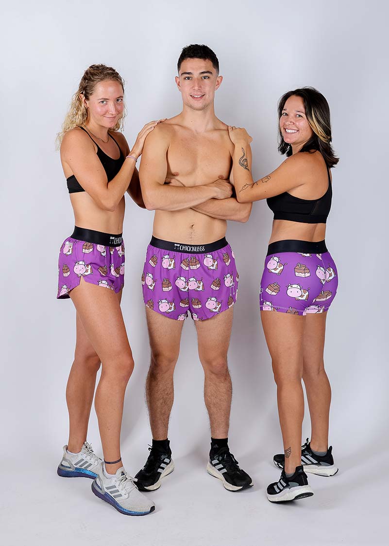 Runners wearing matching chocolate milk cows running shorts from ChicknLegs.