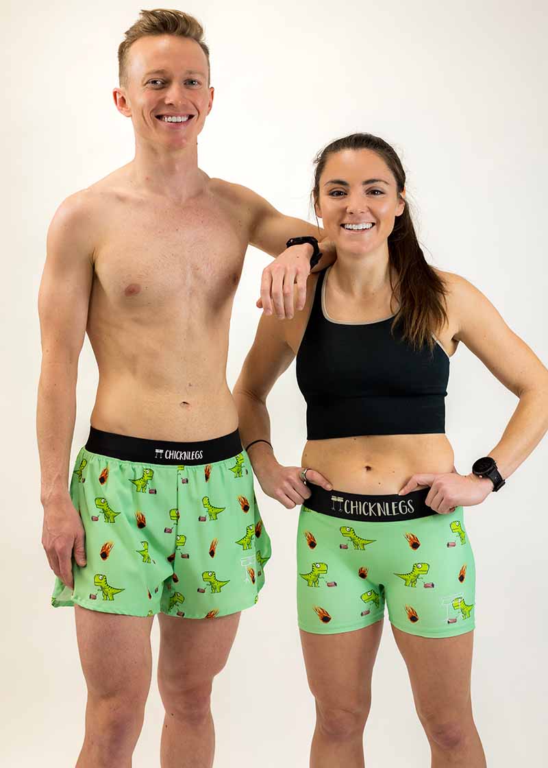 Group photo of the men's and women's dino running shorts.