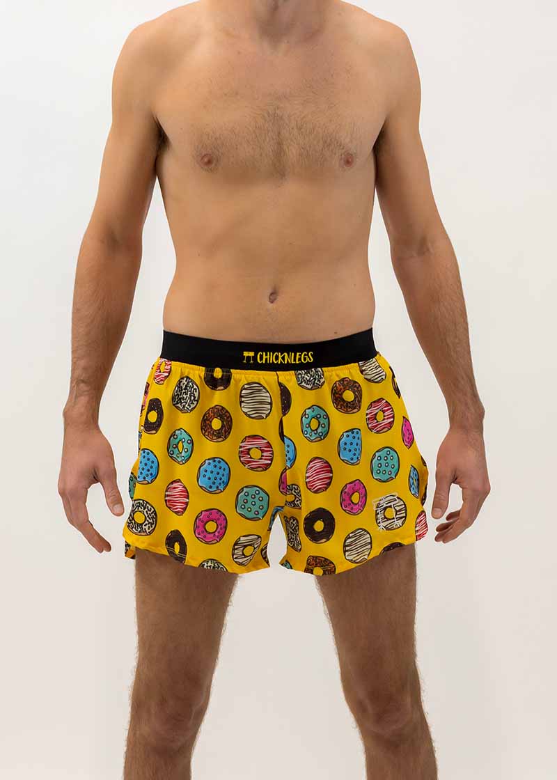 Closeup front view of the men's 4 inch donut running shorts from ChicknLegs.