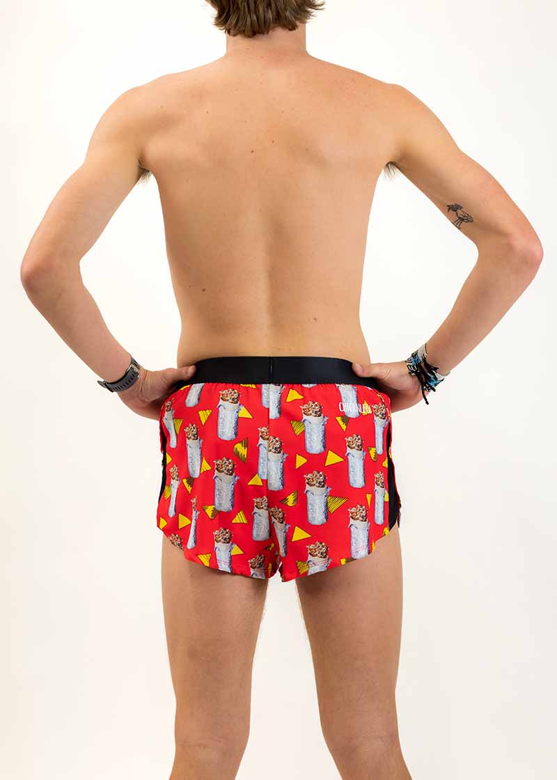 Back vieww of the men's 2 inch split running shorts from ChicknLegs.
