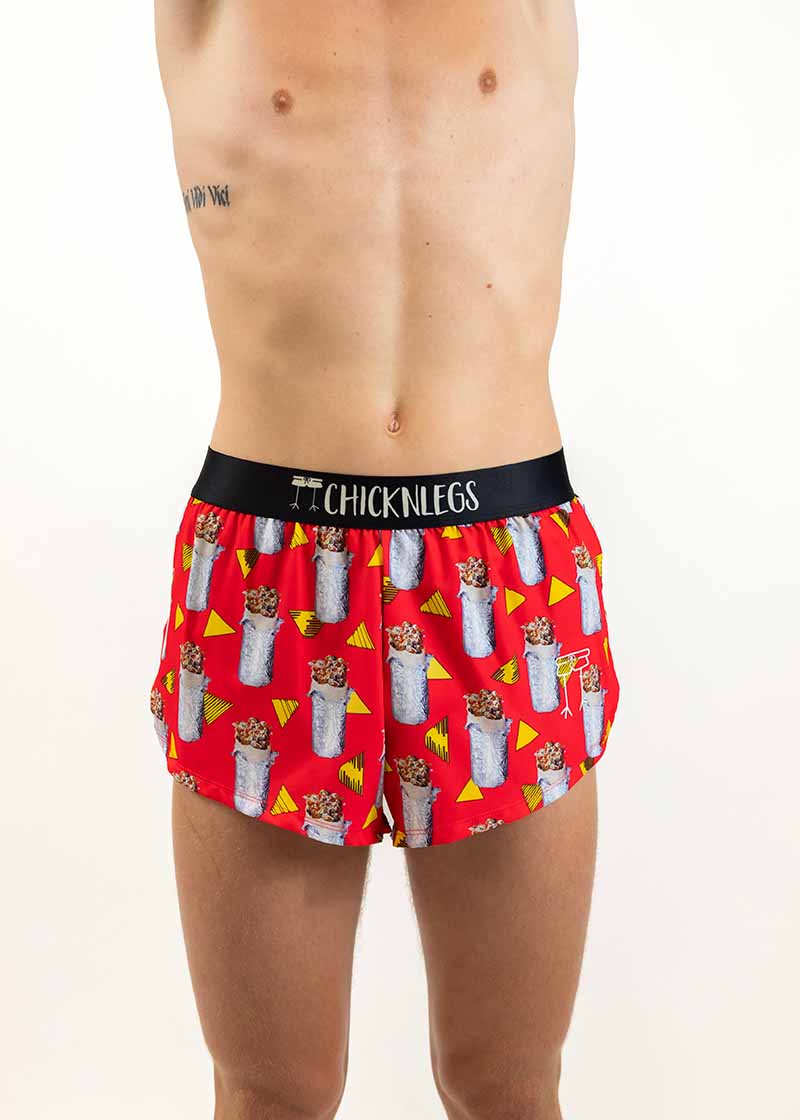 Front view of the men's 2 inch burrito split running shorts.