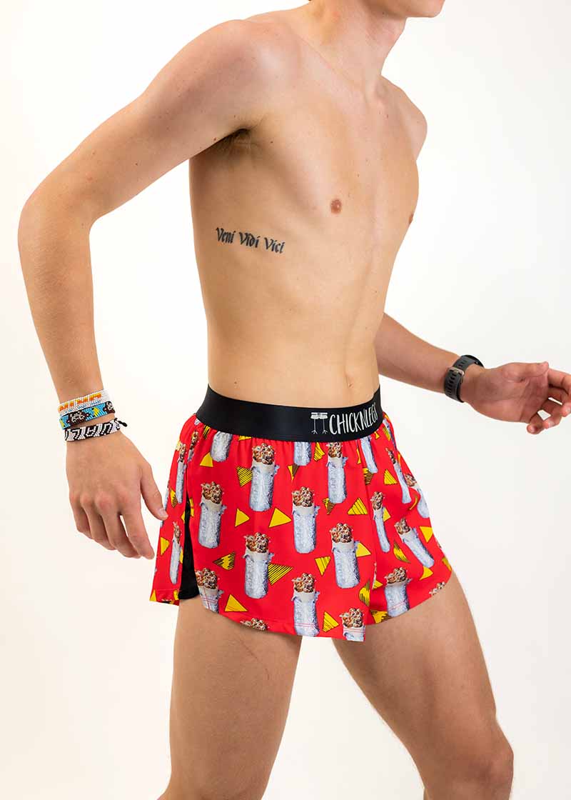 Right side view of the men's 2 inch burrito split running shorts.