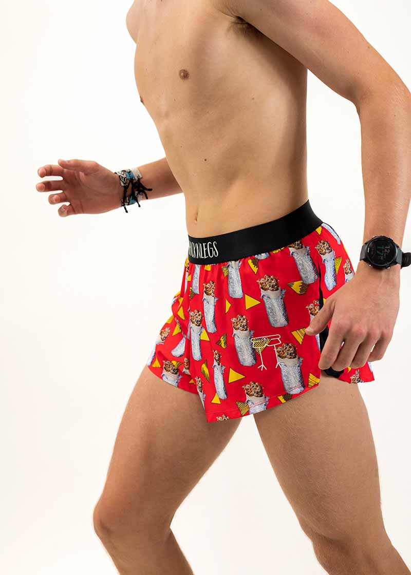 Left side view of the men's 2 inch burrito split running shorts.