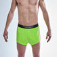 Front closeup view of the ChicknLegs men's 2 inch neon green split running shorts.