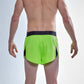 Rear view of the ChicknLegs men's 2 inch neon green split running shorts.