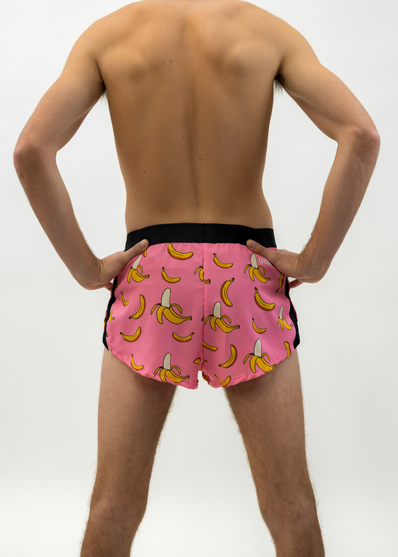 Back view of the men's 2 inch pink bananas split running shorts from ChicknLegs.