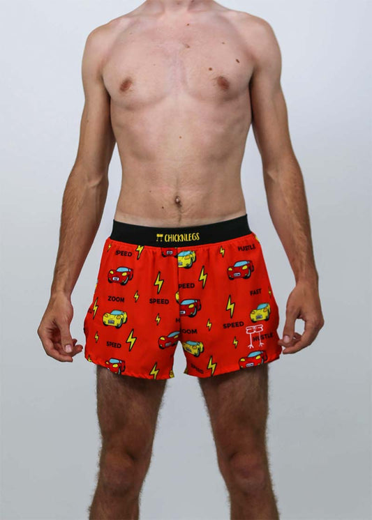 Closeup front view of the men's 4 inch cars half split shorts.