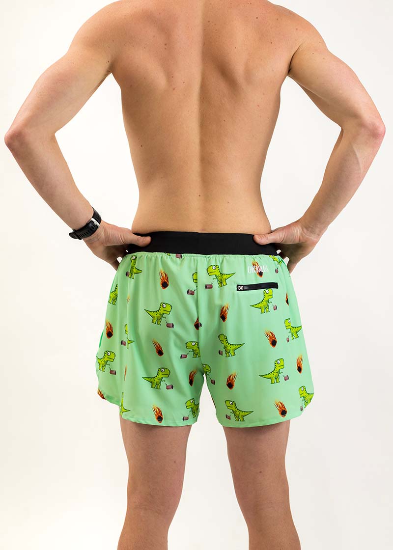 Back view of the men's 4 inch dino running shorts showcasing the rear zipper pocket that's large enough to fit a phone and other items.