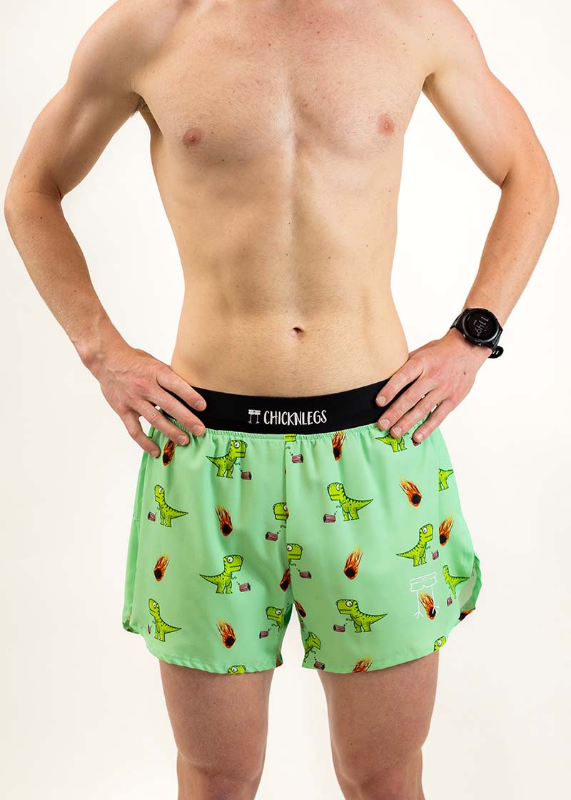Front view of the men's 4 inch dino half split running shorts from ChicknLegs.
