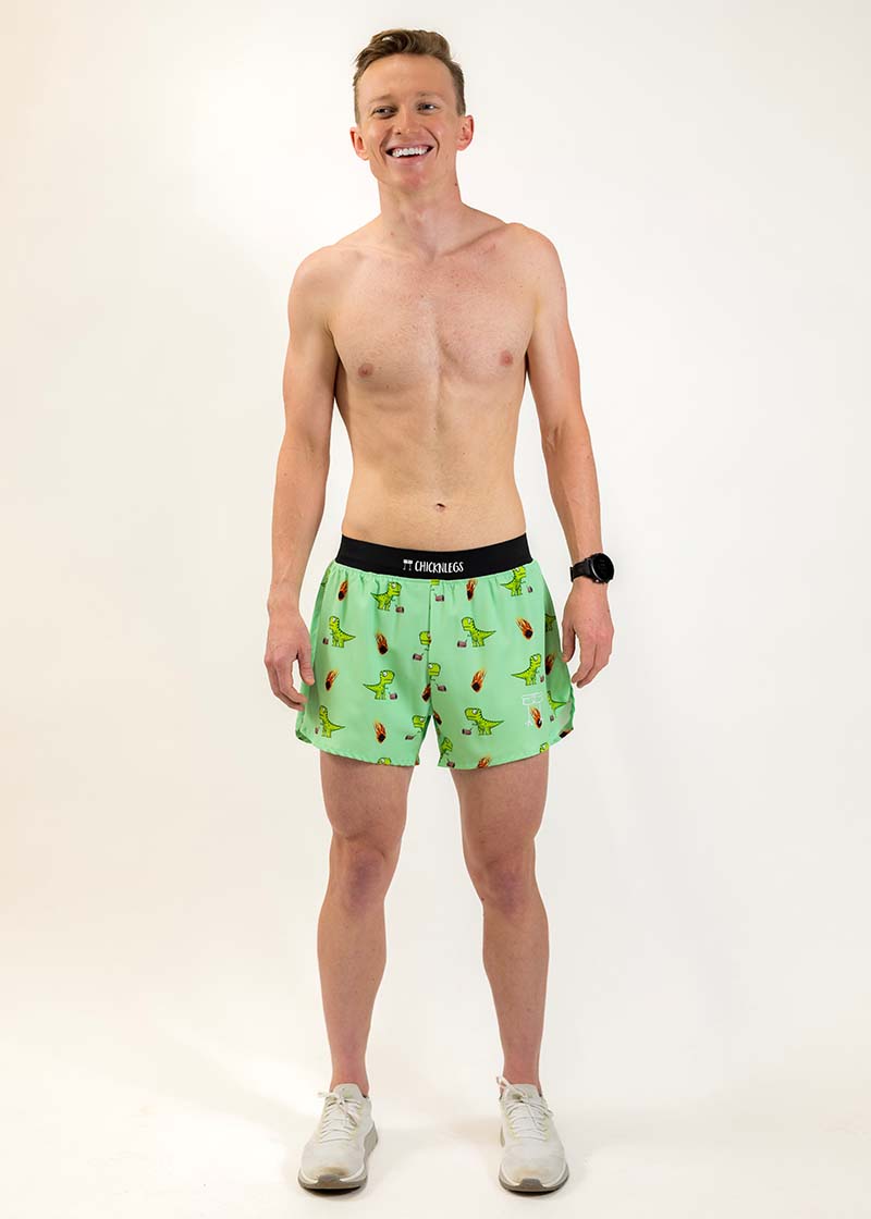 Full body view of the men's 4 inch dino half split running shorts from ChicknLegs.