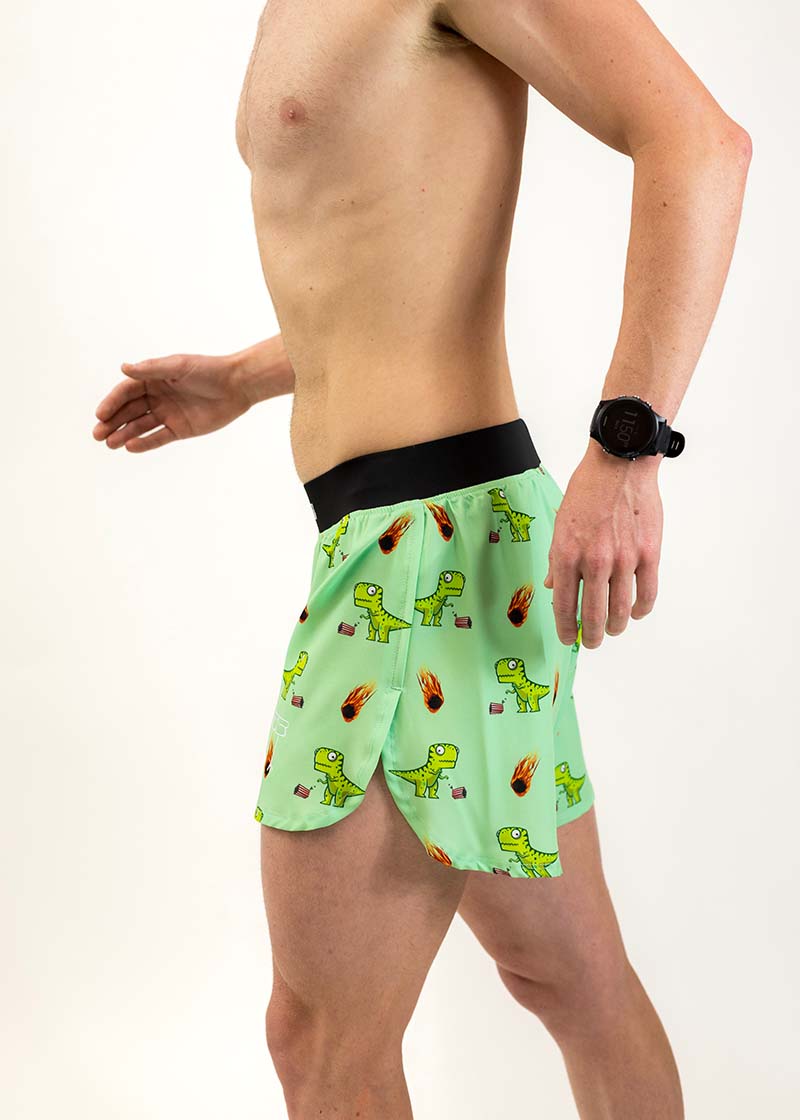 Left side view of the men's 4 inch dino half split running shorts from ChicknLegs.