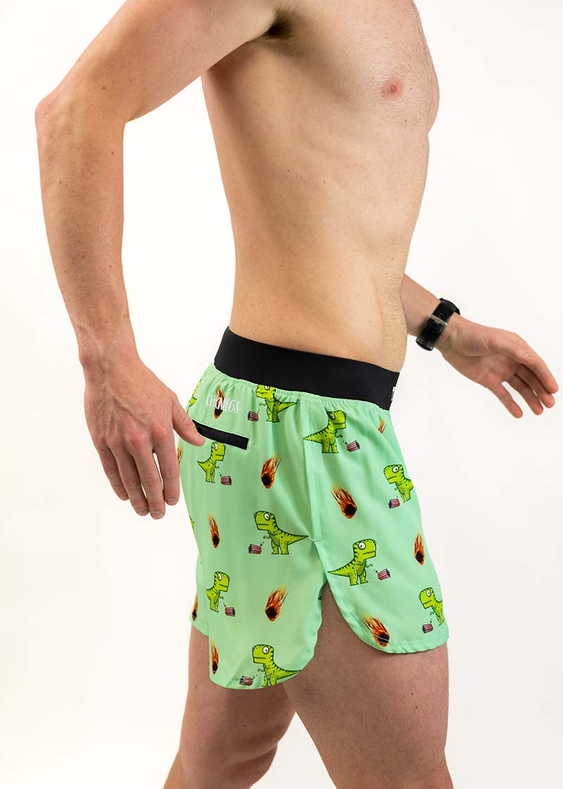Right side view of the men's 4 inch dino half split running shorts from ChicknLegs.
