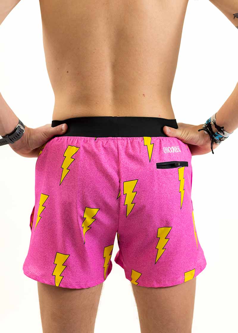 Back view of the men's 4 inch pink bolts running shorts from ChicknLegs.