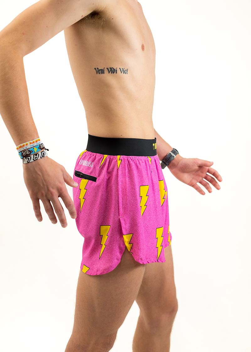 Side view of the men's 4 inch pink bolts running shorts from ChicknLegs.