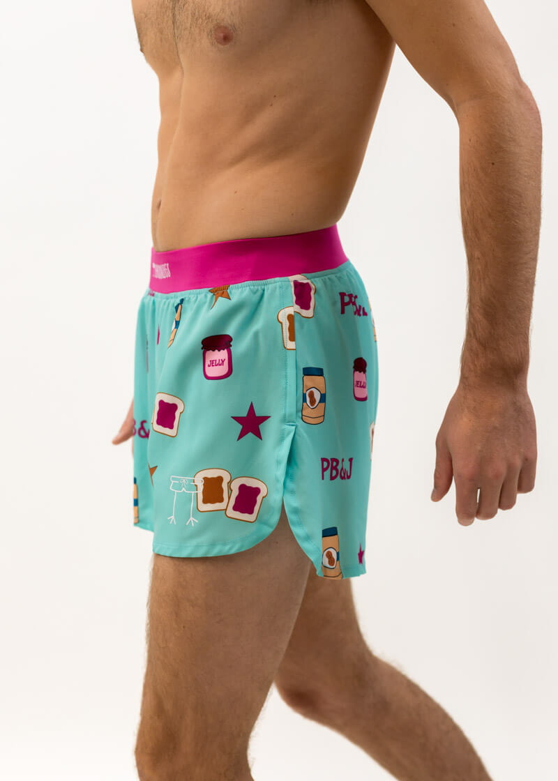 Side view of the men's PB&J 4 inch split running shorts from ChicknLegs.