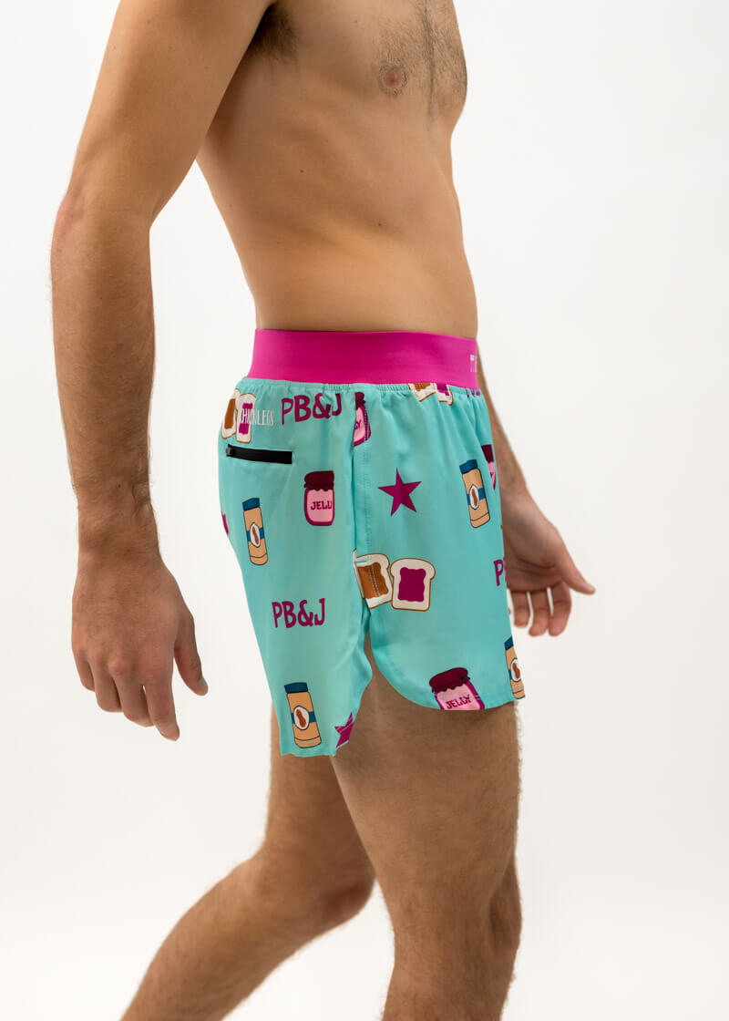 Side view of the zipper pocket of the men's PB&J 4 inch split running shorts from ChicknLegs.