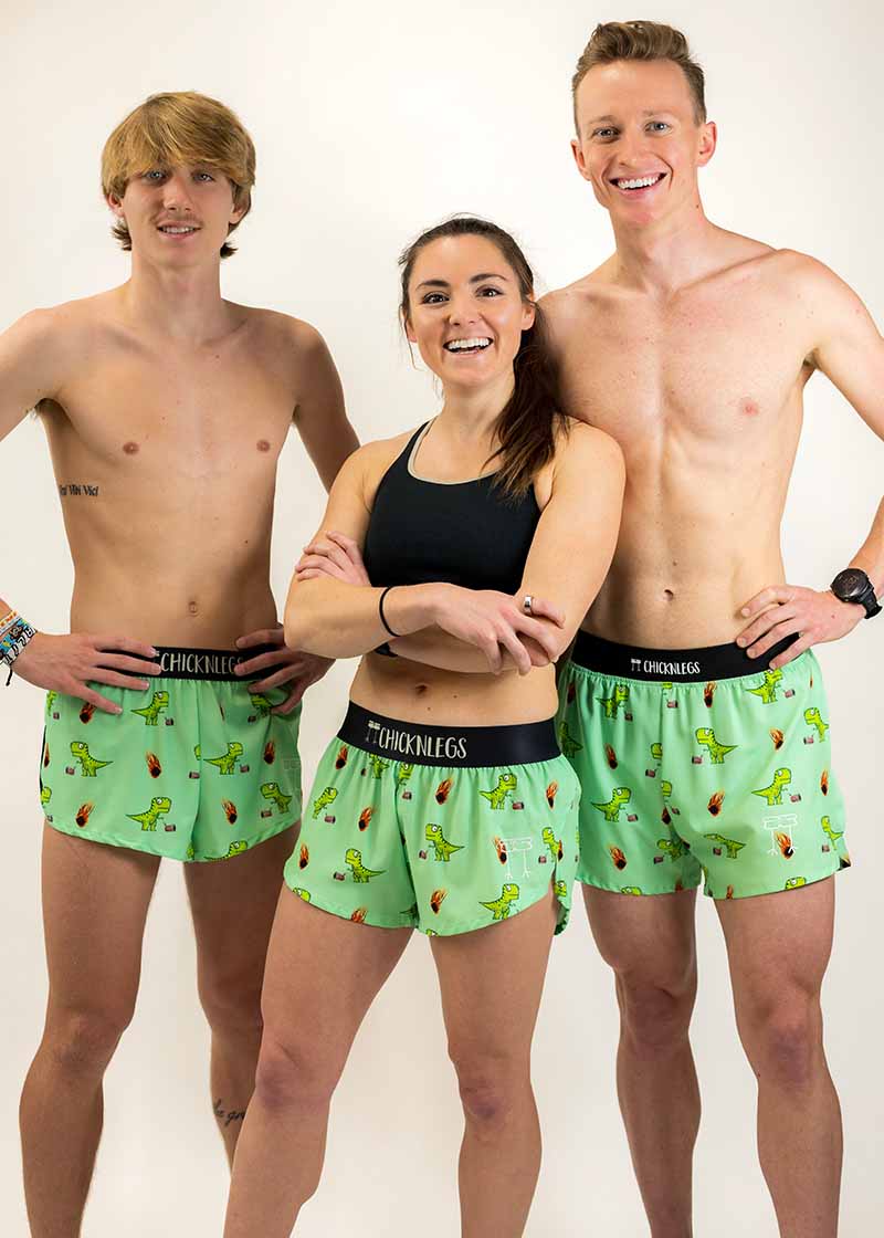 Group photo of the men's and women's dino split running shorts from ChicknLegs.