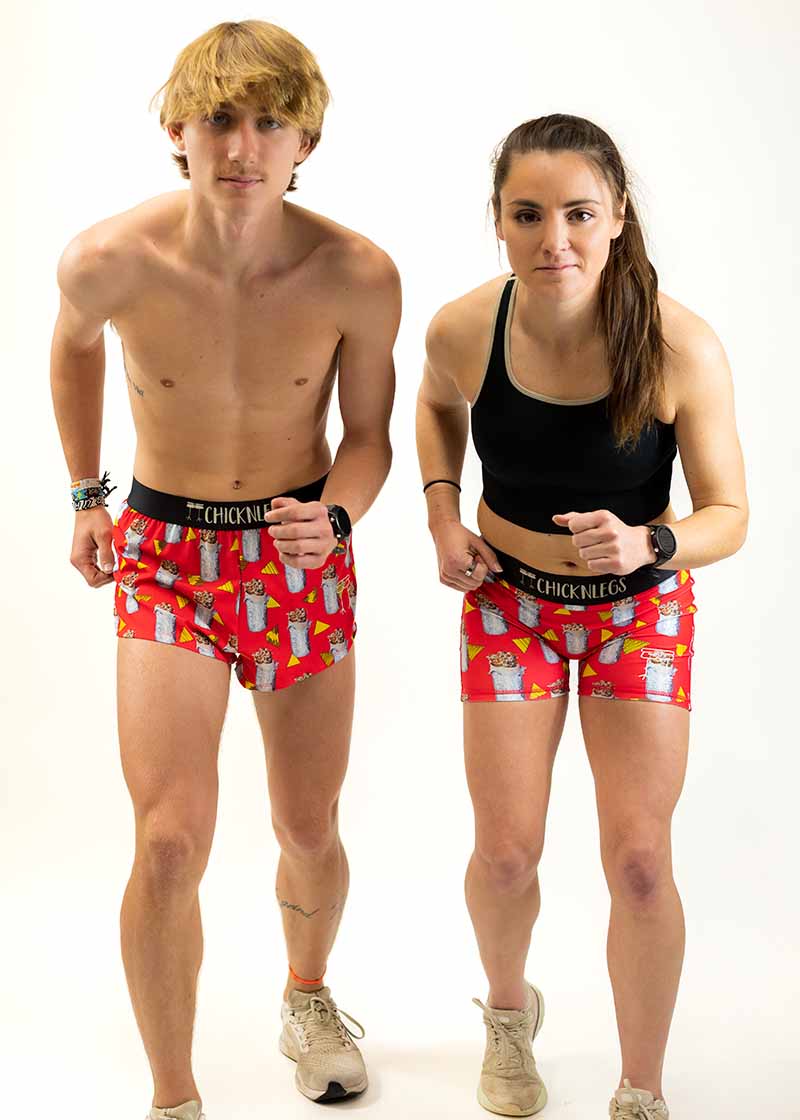 Runners doing a racing stance wearing the burrito running shorts from ChicknLegs.