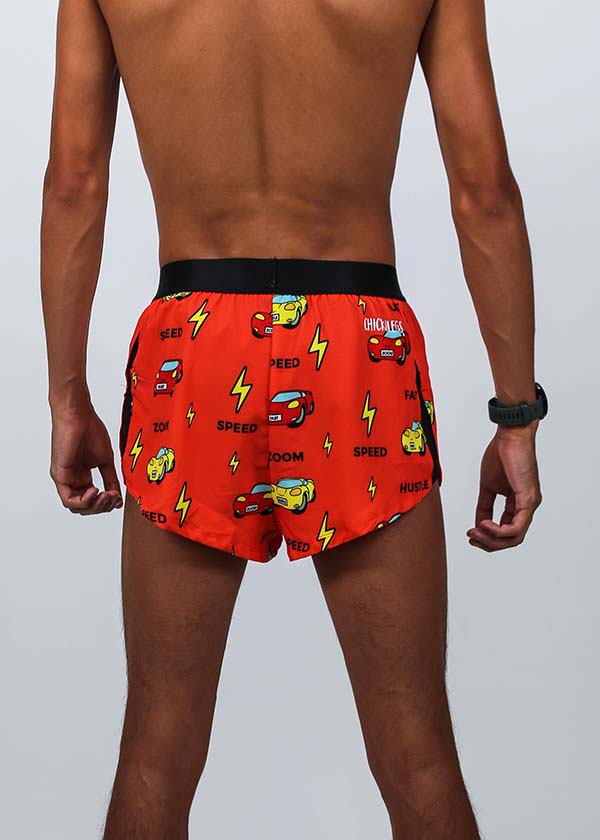 Closeup rear view of the men's 2 inch cars split running shorts.