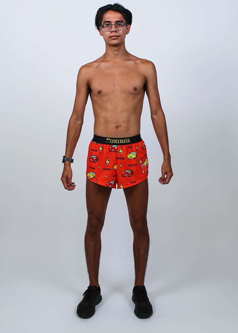 Full body shot of the men's 2 inch cars split running shorts.