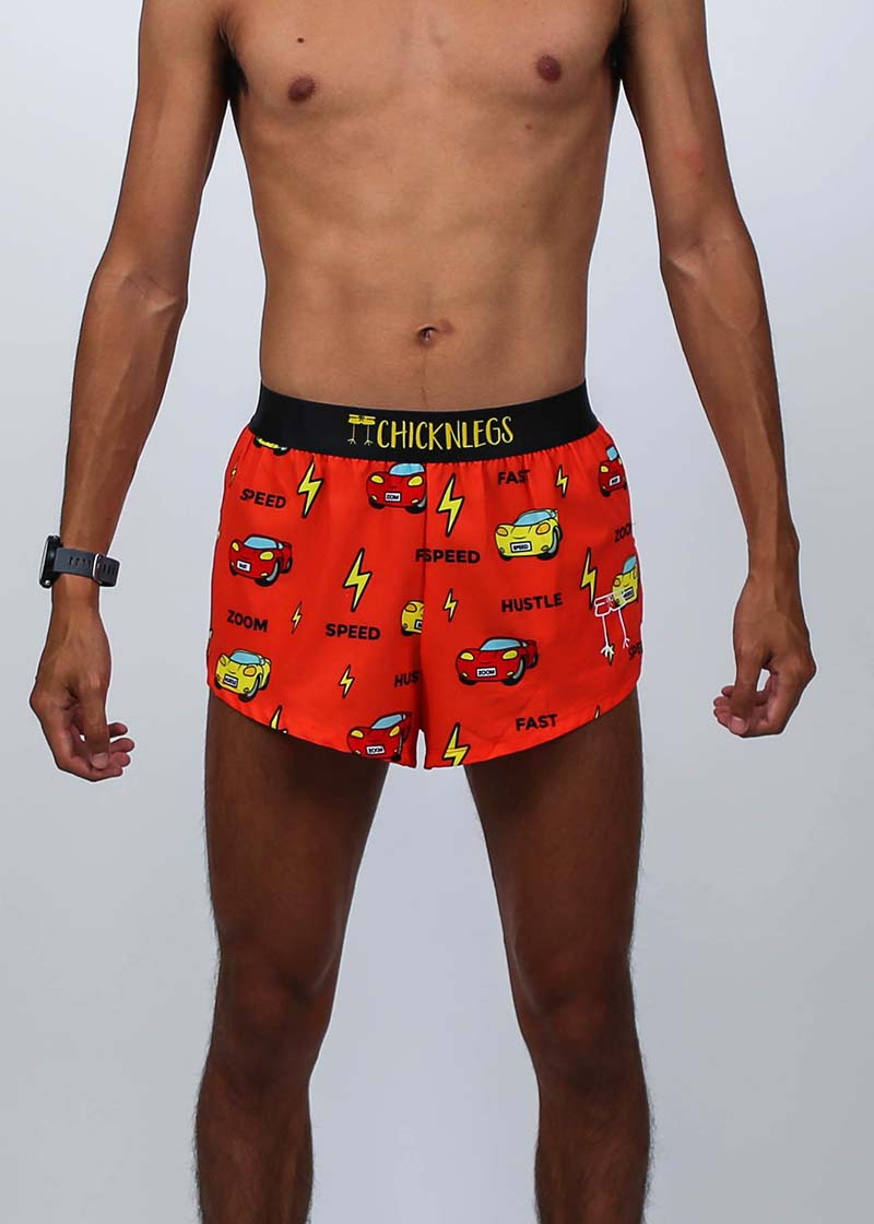 Closeup front view of the men's 2 inch cars split running shorts.